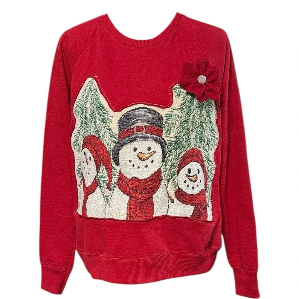 Upcycled Snowman Sweatshirt with Floral Detail - Picture 3 of 12
